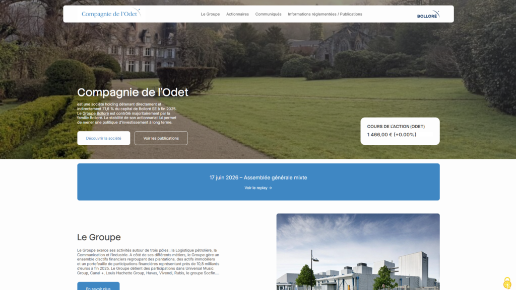 Page d'accueil Compagnie de l'Odet avec données financières